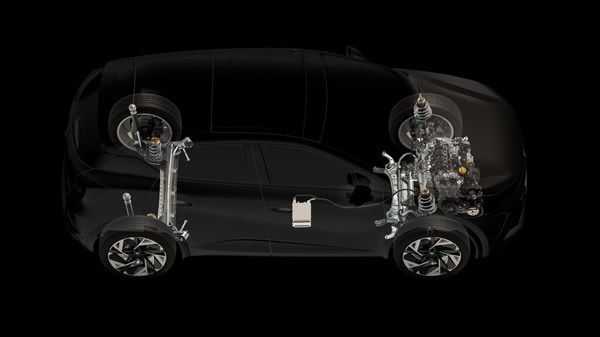 Bočni prikaz vozila Captur full hybrid E-Tech s istaknutim elementima ovjesa i hibridnog sustava








