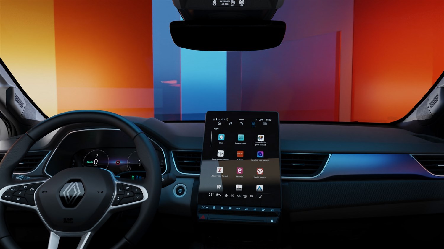 Pogled iz unutrašnjosti vozila Captur full hybrid E-Tech s prikazom digitalne instrumentne ploče i velikog središnjeg zaslona multimedijskog sustava








