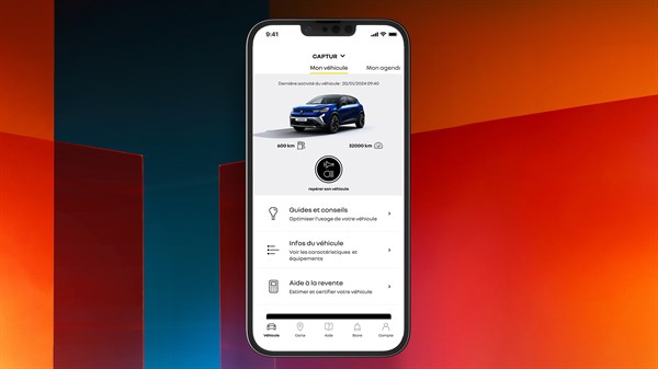 Prikaz zaslona pametnog telefona s aplikacijom My Renault i vizualizacijom vozila Captur full hybrid E-Tech.