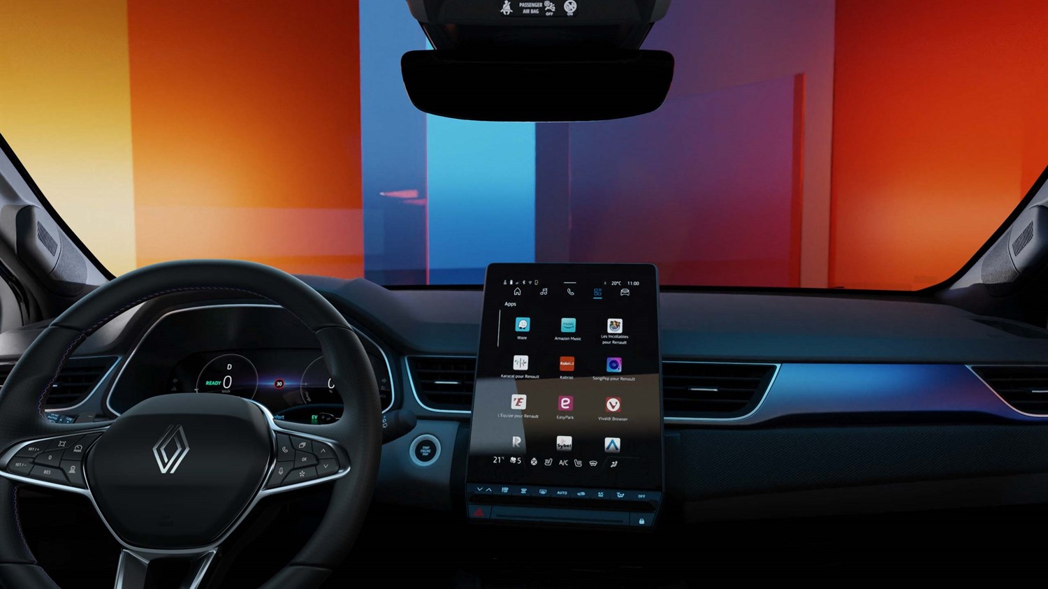 Pogled iz unutrašnjosti vozila Captur full hybrid E-Tech s prikazom digitalne instrumentne ploče i velikog središnjeg zaslona multimedijskog sustava








