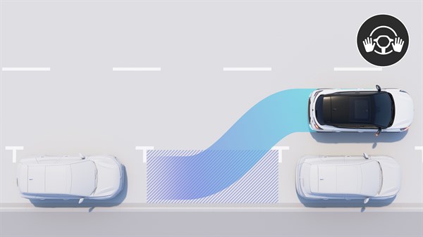 Vozilo Captur full hybrid E-Tech u procesu parkiranja uz sustav hands-free, koji preuzima kontrolu nad papučicom gasa i kočnice.