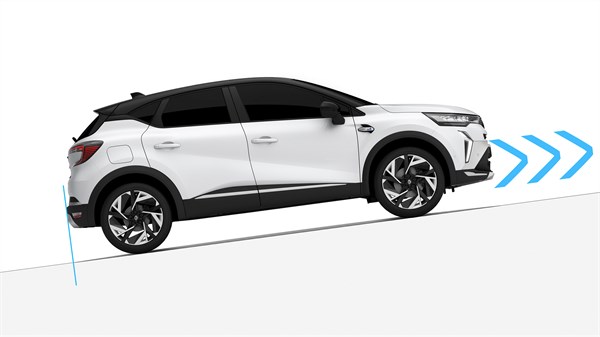 Vozilo Renault Captur full hybrid E-Tech s aktiviranim sustavom za pomoć pri kretanju na uzbrdici.