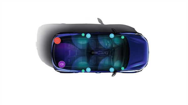 Pogled odozgo na vozilo Renault Captur full hybrid E-Tech s označenih devet pozicija zvučnika unutar kabine.