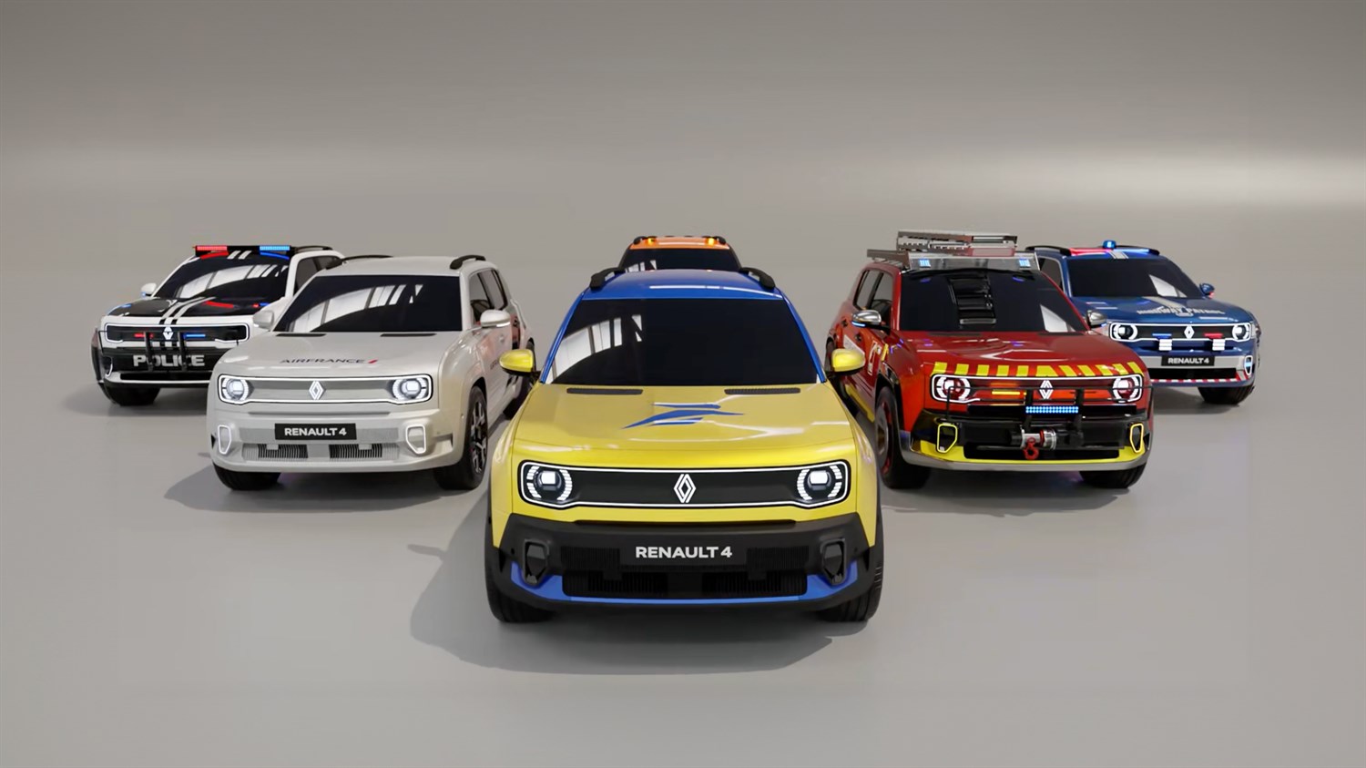 Šest specijalnih verzija vozila Renault 4 E-Tech electric za različite službene i terenske namjene.