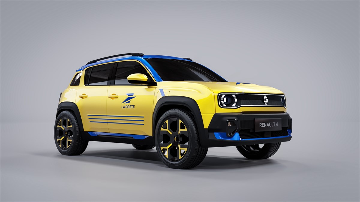 Žuto-plavo vozilo Renault 4 E-Tech electric s oznakom La Poste, prikazano iz prednjeg kuta.