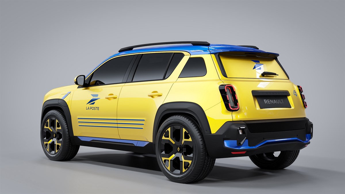 Žuto-plavo vozilo Renault 4 E-Tech electric s oznakom La Poste, prikazano iz stražnjeg kuta.