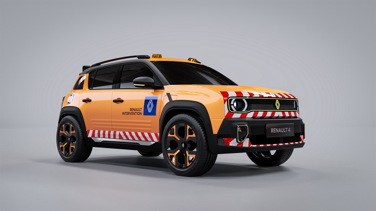 Narančasto vozilo Renault 4 E-Tech electric s oznakom Renault Intervention i signalnim svjetlima, snimljeno pod kutom s prednje lijeve strane.