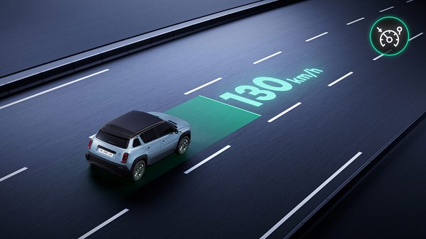 vozilo Renault 4 na cesti s prikazom ograničenja brzine postavljenog na 130 km/h


