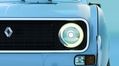 Prednji dio vozila Renault 4 E-Tech electric s retro-modernim dizajnom i upečatljivim okruglim svjetlom.

