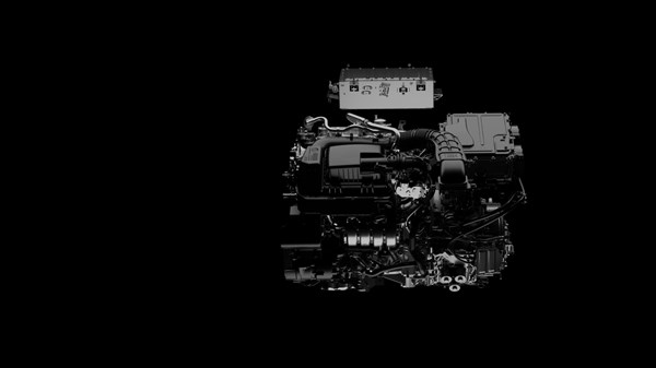 Prikaz sustava prijenosa Renault Symbioz full hybrid E-Tech vozila na crnoj pozadini, s istaknutim komponentama i žutom ikonom za pokretanje videa.