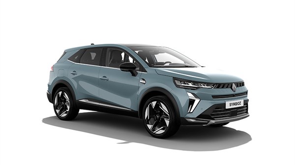 Plavo vozilo Symbioz prikazano na bijeloj podlozi, snimljeno iz prednjeg bočnog kuta.
