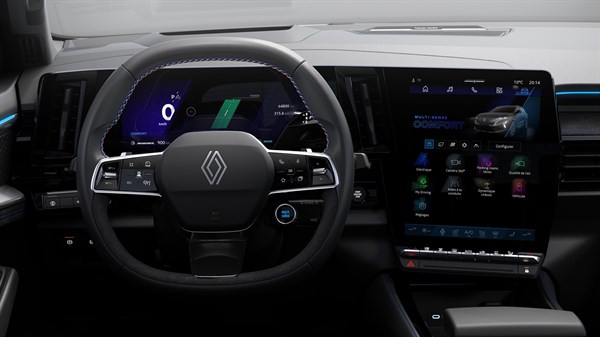 Prikaz unutrašnjosti vozila Renault Austral s digitalnim vozačkim zaslonom i centralnim ekranom s prikazom funkcija multi-sense sustava.

