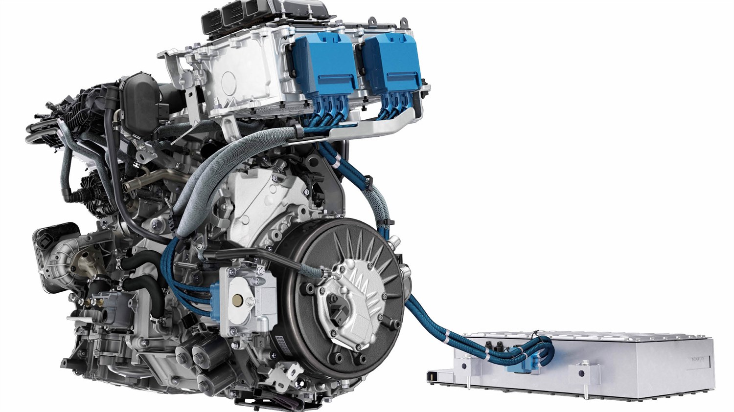 Pogled na motor i bateriju vozila Austral full hybrid E-Tech izvan vozila, prikazani na bijeloj podlozi.

