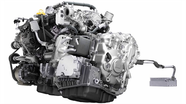 Tehnički prikaz pogonskog sklopa vozila Renault Symbioz full hybrid E-Tech s priključenom upravljačkom jedinicom, prikazano na bijeloj pozadini.