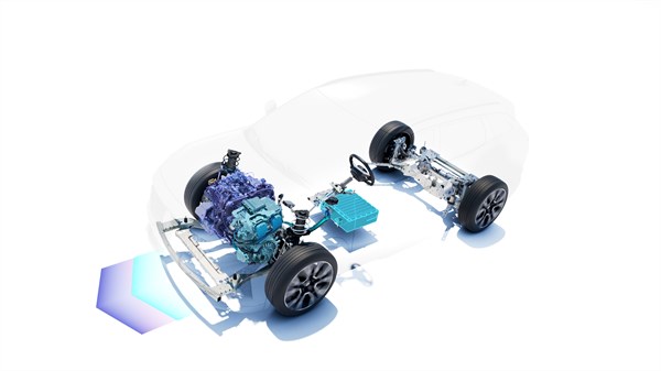 Grafički prikaz pogonskog sklopa blagog hibrida s 12-voltnom baterijom i 1.3 L turbo benzinskim motorom unutar vozila.

