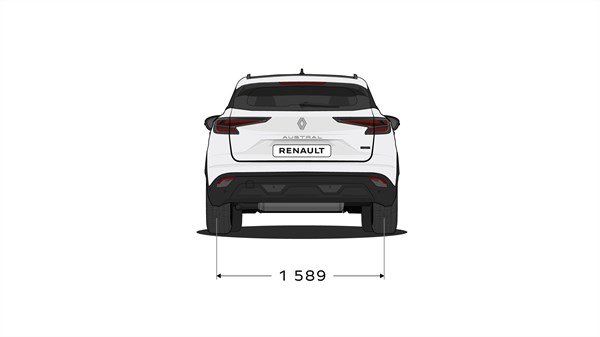 Alt tekst:
Stražnji pogled na vozilo Austral full hybrid E-Tech s prikazom širine od 1.589 mm.

