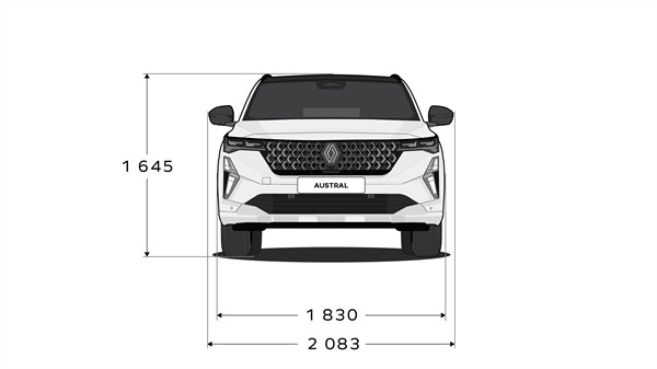 Prednji pogled na vozilo Austral full hybrid E-Tech s prikazom širine i visine vozila.


