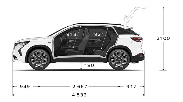 Bočni pogled na vozilo Austral full hybrid E-Tech s prikazanim dimenzijama duljine i visine, uključujući prostor za putnike.

