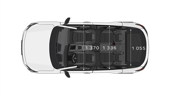 Pogled odozgo na unutrašnjost vozila Austral full hybrid E-Tech s prikazom širine sjedala po redovima.


