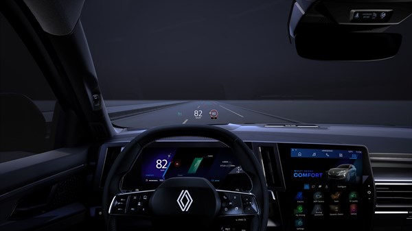 Pogled iz vozačeve perspektive u vozilu Renault Austral, s prikazom 9,3-inčnog head-up zaslona iznad upravljača.