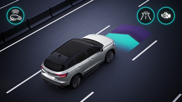 Renault Austral full hybrid E-Tech na cesti s prikazanim simbolima navigacije i prediktivnog upravljanja potrošnjom.