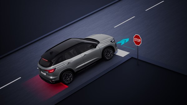 Renault Austral full hybrid E-Tech zaustavljen na uzbrdici, s aktiviranim sustavom pomoći pri kretanju.