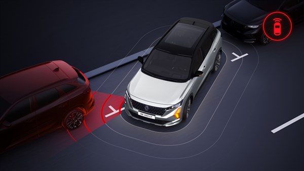 Renault Austral full hybrid E-Tech prikazan sprijeda s aktiviranim prednjim senzorima koji detektiraju prepreku. 