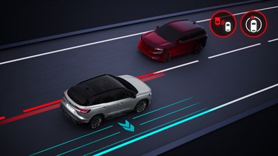 Renault Austral full hybrid E-Tech izlazi iz prometne trake s prikazanim upozorenjem na napuštanje trake.