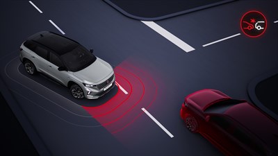 Renault Austral full hybrid E-Tech pri skretanju lijevo s prikazom vozila koje dolazi iz suprotnog smjera i aktiviranim kočenjem.

 