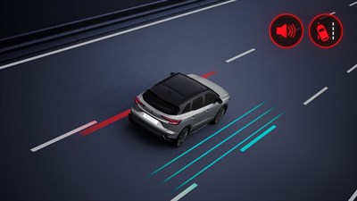 Renault Austral E-Tech full hybrid nenamjerno izlazi iz prometne trake s prikazom upozorenja na zaslonu.
