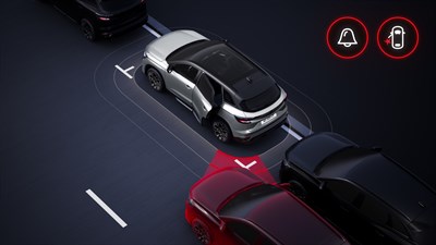 Renault Austral E-Tech full hybrid zaustavljen, sustav upozorava putnike na vozilo koje dolazi pri otvaranju vrata.

