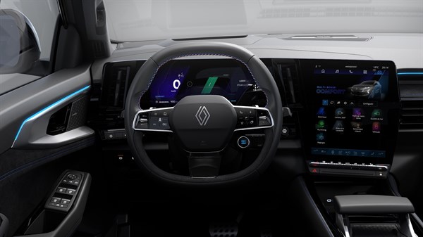 Unutrašnjost vozila Espace full hybrid E-Tech s prikazom upravljača, digitalne instrument ploče i središnjeg zaslona sustava za upravljanje načinima vožnje.

