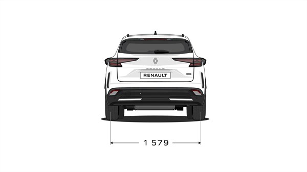 Stražnji pogled na vozilo Renault Espace full hybrid E-Tech s prikazom širine od 1579 mm.

