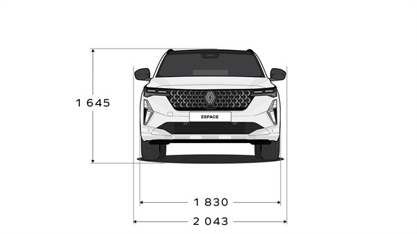 Prednji pogled na vozilo Renault Espace full hybrid E-Tech s prikazom širine i visine vozila