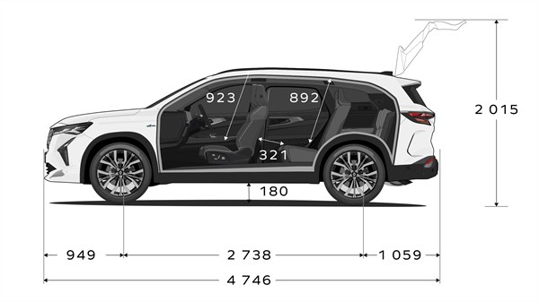 Bočni pogled na vozilo Renault Espace full hybrid E-Tech s prikazom ukupne duljine vozila i unutarnjih dimenzija u kabini.