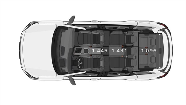 Pogled odozgo na vozilo Renault Espace full hybrid E-Tech s prikazom širine između sjedala u svim redovima.