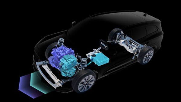 Prikaz full hybrid E-Tech tehnologije u vozilu Espace s vidljivim motorom, baterijom i pogonskim sustavom