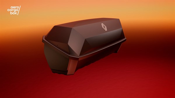 Renault aero cargo box prikazan na crvenoj pozadini, u stilu promotivnog prikaza s istaknutim play gumbom.