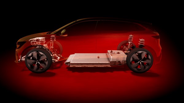 Poluprozirni prikaz vozila Megane E-Tech electric s istaknutom električnom platformom i komponentama pogona na crvenoj pozadini.









