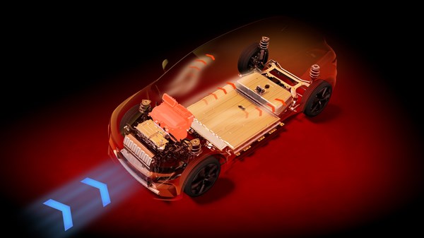 Poluprozirni prikaz vozila Megane E-Tech electric s istaknutim komponentama i animacijom protoka zraka koja simbolizira rad toplinske pumpe.








