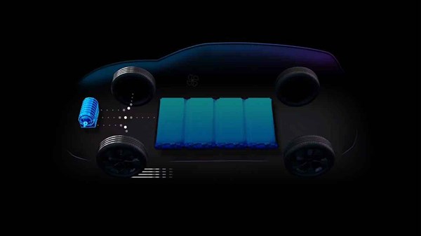 Digitalni prikaz tamnog vozila Megane E-Tech electric s plavim naglascima koji označavaju baterijske module i sustav DC brzog punjenja.








