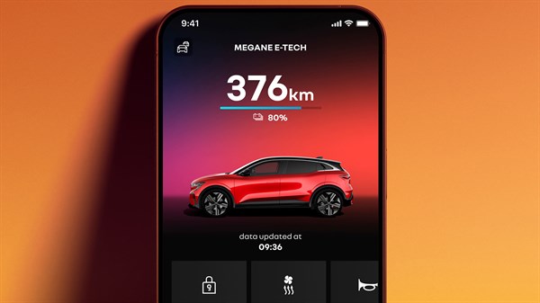 Zaslon aplikacije za nadzor vozila Megane E-Tech Electric s prikazom dometa

