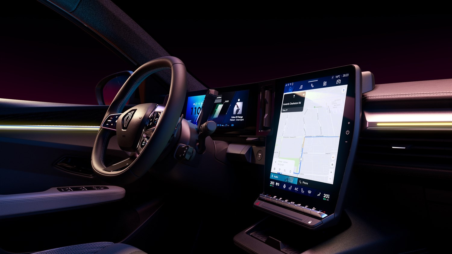 Unutrašnjost Megane E-Tech Electric vozila s openR zaslonima i navigacijom putem Google asistenta

