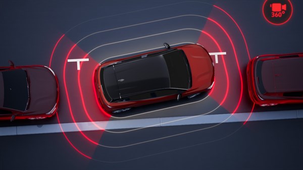 360° prikaz okoline oko vozila Megane E-Tech electric tijekom parkiranja.
