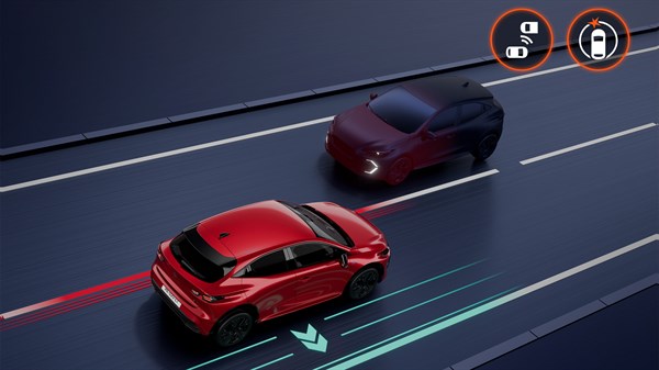 Novi Renault Clio u vožnji s prikazom sustava za detekciju i korekciju putanje.