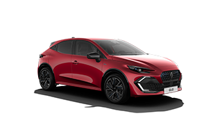 Crveni model vozila Clio full hybrid E-Tech prikazan s prednje lijeve strane na bijeloj pozadini.

