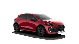 Vozilo Clio u crvenoj boji prikazano s lijeve prednje strane na bijeloj pozadini