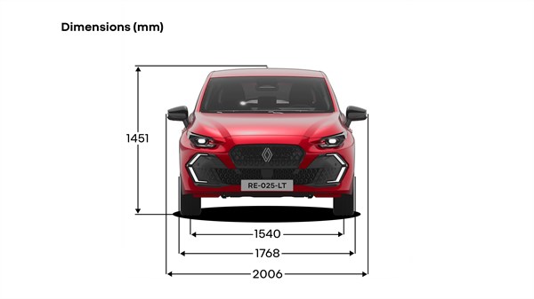 Prednji prikaz vozila Renault Clio s označenom visinom i širinom u milimetrima.