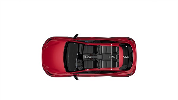 Pogled odozgo na vozilo Renault Clio s prikazanim unutarnjim dimenzijama u milimetrima.