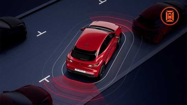 Pogled odozgo na vozilo Renault Clio koje koristi 360° 3D kameru za prikaz okoline i pomoć pri parkiranju.